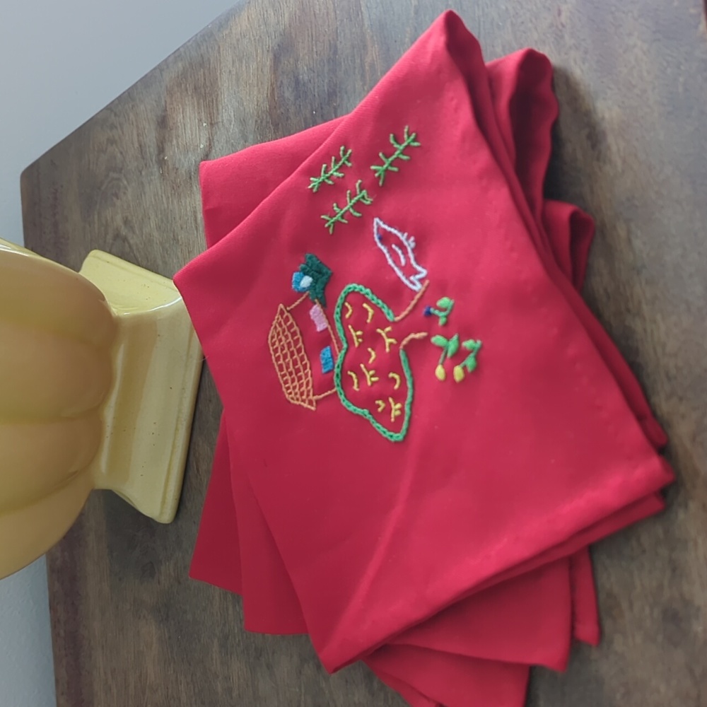 Three Vintage Handmade Red Linen Napkins with Folk Art Embroidery